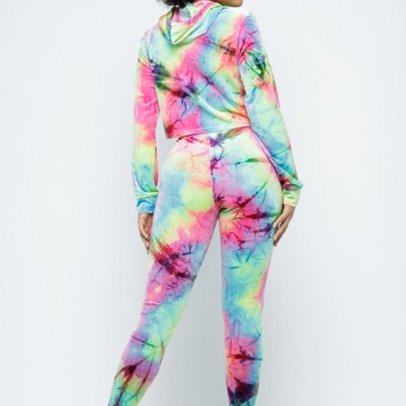 Women's Tie Dye Long Sleeve Crop Hoodie Elastic Waist Leggings -2 Piece Set - Picture 5 of 7